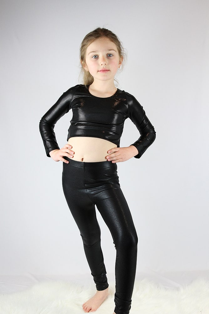 Black Sparkle Long Sleeve Crop Top Youth Girls | Rarr Designs