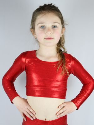 Red Sparkle Long Sleeve Crop Top Youth Girls
