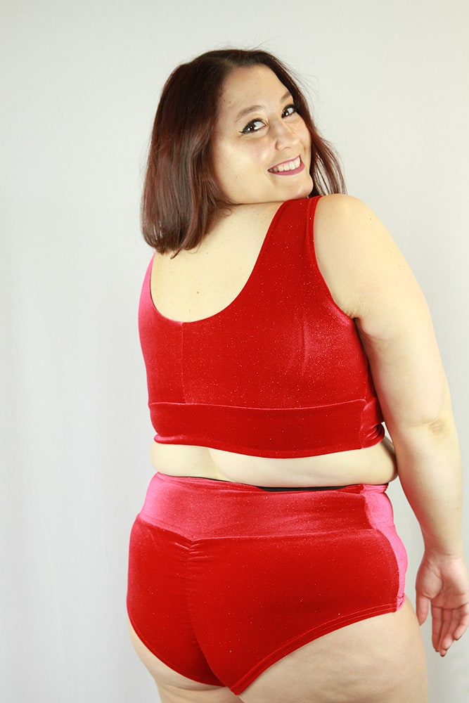 Red Velvet Bra Top and Booty Shorts with Black Accents – Crystal