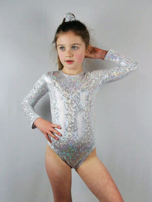 Girls Long Sleeve White Sparkle One Piece Girls Leotard For Gymnastics, Ballet and Dance Classes from the Little Rarrscals Range by Rarr Designs