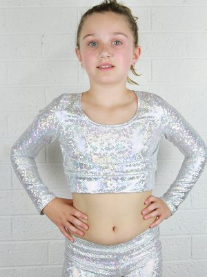 White Sparkle Long Sleeve Crop Top Youth Girls FRONT