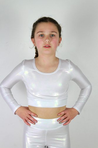 Girls Long Sleeve Crop Top White Sparkle rrarr designs front